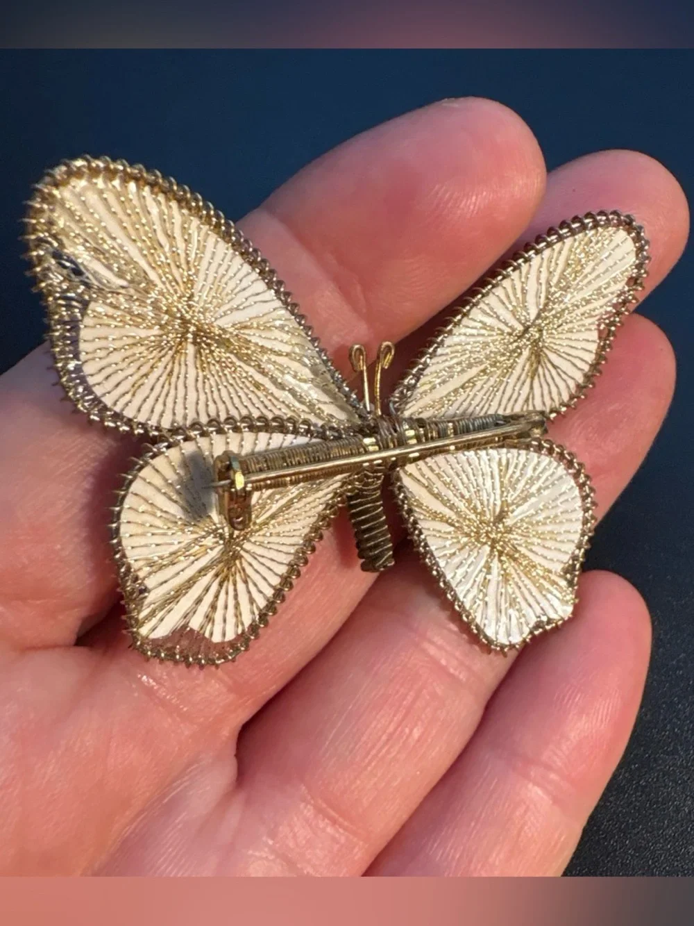 Vintage Gold Wire Filigree & Red Butterfly Brooch with Pearl Center